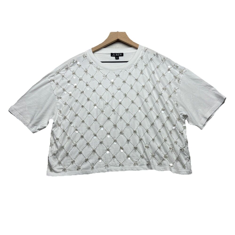 NWOT J. Crew Embellished Beaded Lattice Crop T-Shirt White Cotton Size L Sparkle